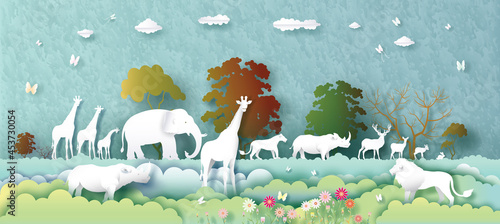 World Animals Day with deer, elephant, lion, giraffe, rabbit, butterfly.