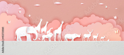 World Animals Day in pink background with deer, elephant, lion.
