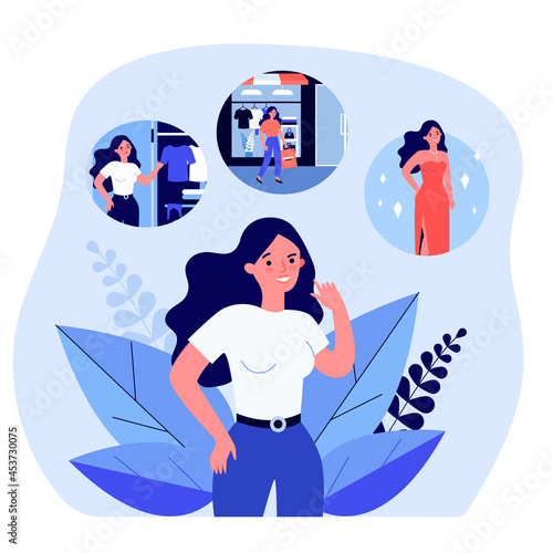 Cartoon woman thinking about buying beautiful new dress. Girl going to clothing store and getting dress flat vector illustration. Shopping, fashion concept for banner, website design or landing page