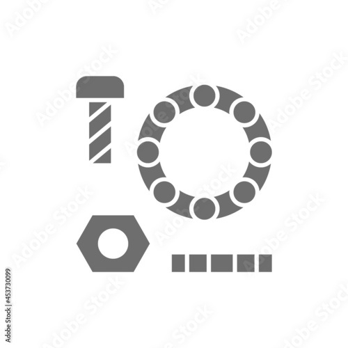 Metal parts, washers with bolts and bearings grey icon.