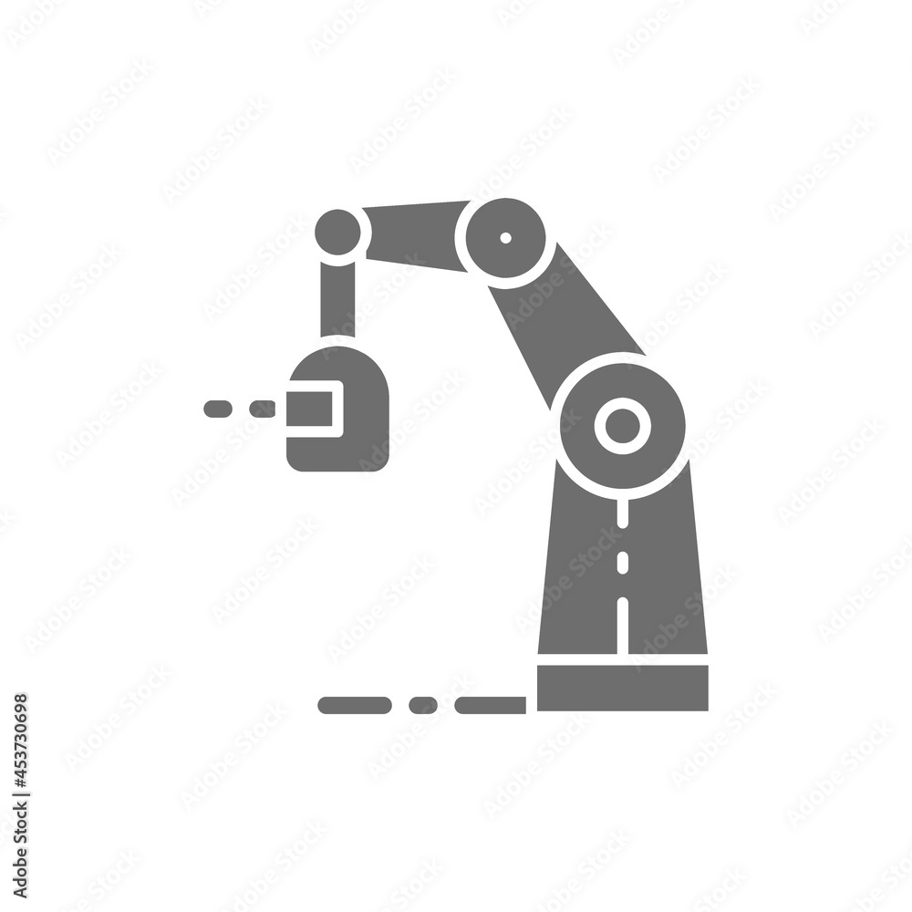 Wireless robotic welding machine, robotic arm with spark torch grey icon. Wireless robotic welding machine, robotic arm with spark torch grey icon.