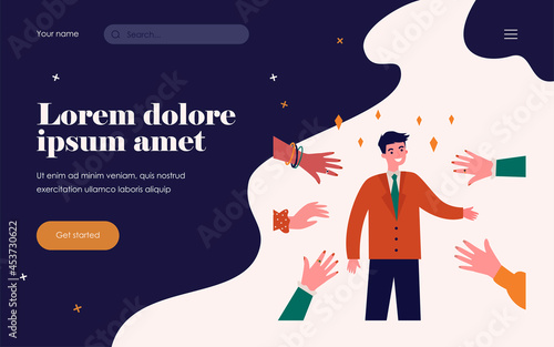 Smiling celebrity greeting people and waving hands. Star, fan, famous person flat vector illustration. Fame, popularity and crowd concept for banner, website design or landing web page