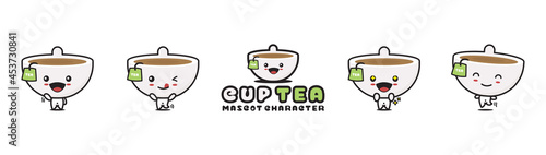 cute cup tea mascot character, drink cartoon illustration, with different facial expressions and poses