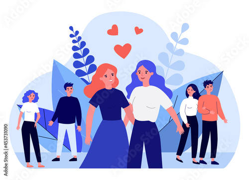 Cartoon people judging happy lesbian couple. Angry persons avoiding two gay women flat vector illustration. LGBT, love, relationship, tolerance concept for banner, website design or landing web page