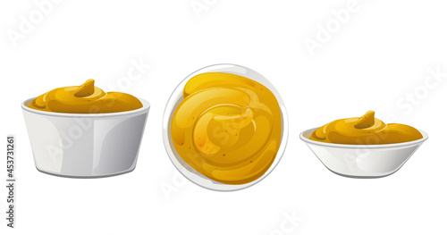 Mustard portion in the bowl. Dijon honey sauce cream. Vector design in cartoon style for food branding.
