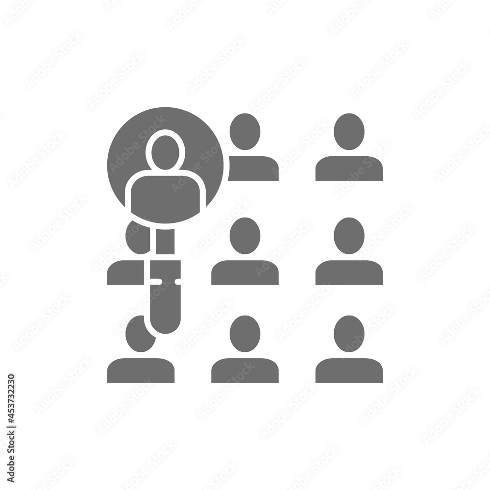 People under a magnifying glass, candidate search grey icon. People under a magnifying glass, candidate search grey icon.
