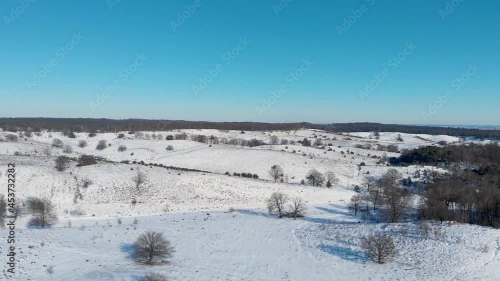 Bright blue sky over a snowy woodland plain,Arnhem,Netherlands,drone. Bright blue sky over a snowy woodland plain,Arnhem,Netherlands,drone.