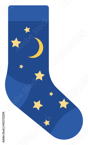 Картината върху платно Dark blue sock with stars and moon, illustration, vector on a white background