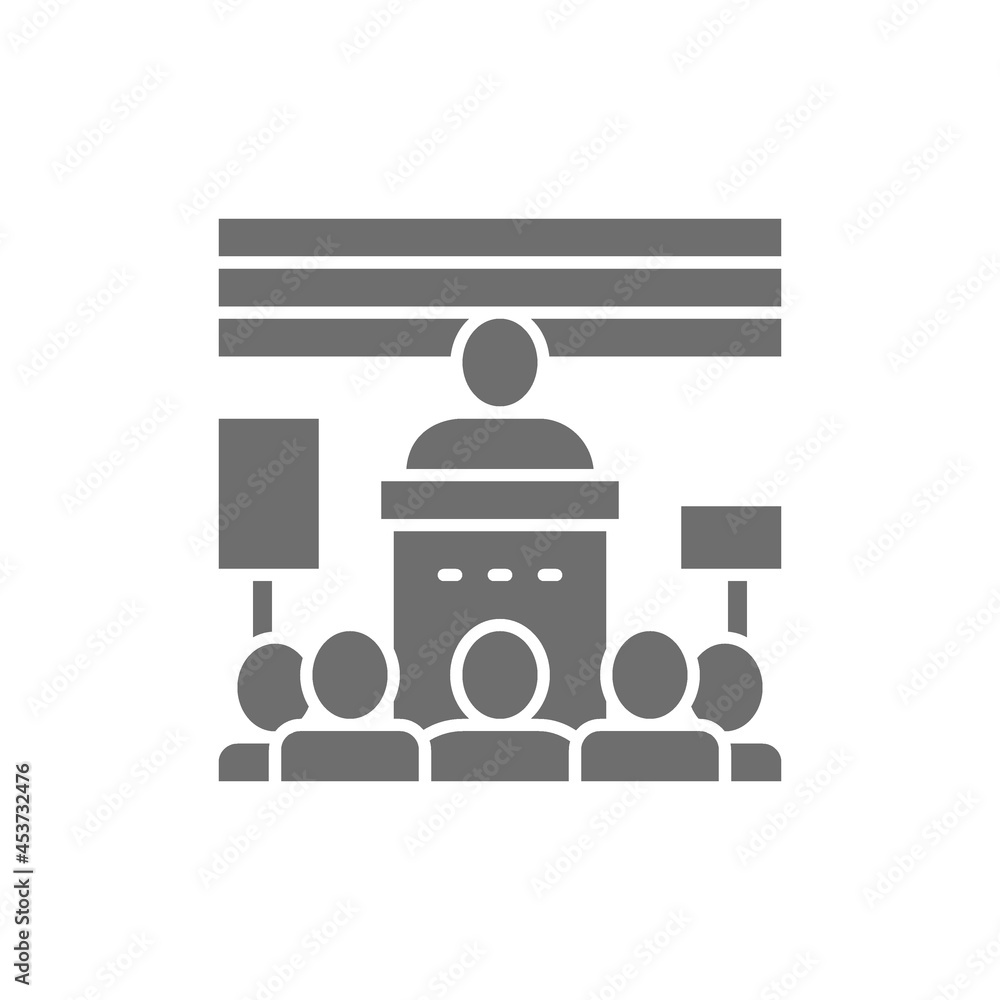 Meeting with a politician, crowd of people with banners, protest grey icon. Meeting with a politician, crowd of people with banners, protest grey icon.
