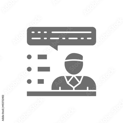 Candidate talks about his political program, speaker with checklist grey icon.