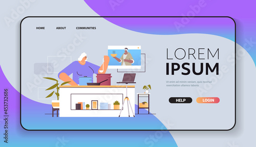 senior woman preparing dish while watching video tutorial with female chef in web browser window online cooking