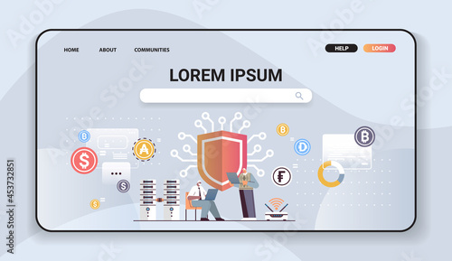 businessmen buying or selling bitcoins online money transfer internet payment cryptocurrency blockchain protection