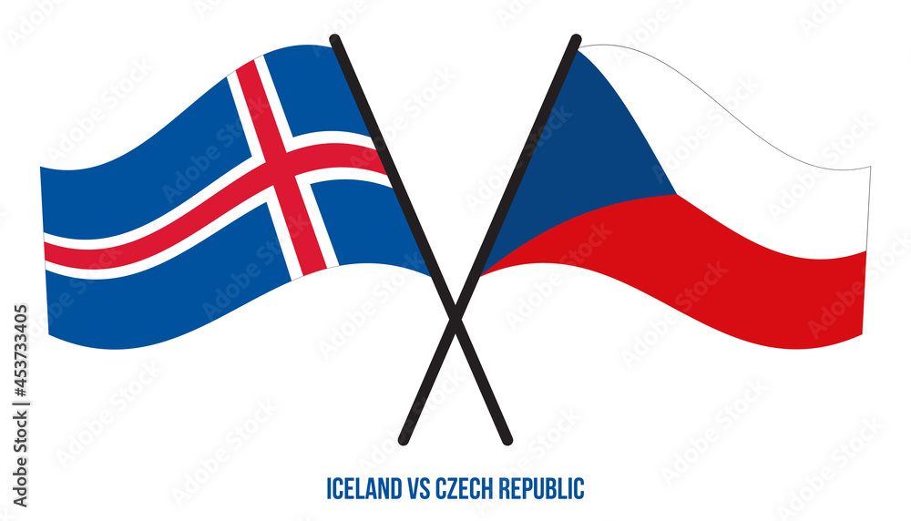 Iceland and Czech Republic Flags Crossed And Waving Flat Style. Official Proportion. Correct Colors.