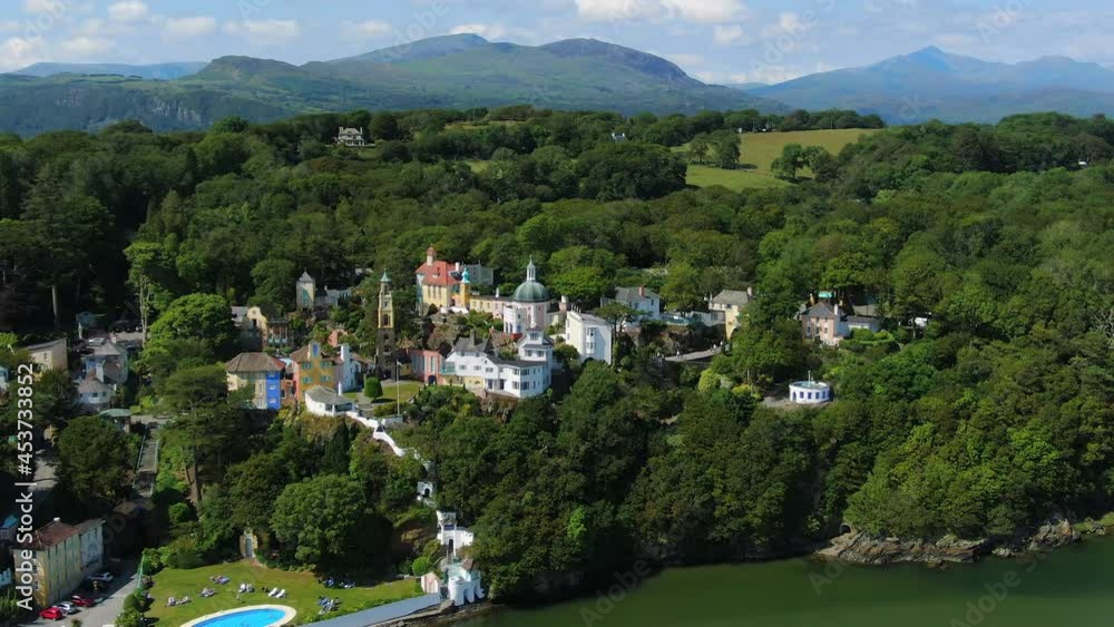 Aerial of Portmeirion, Italian style tourist resort in Gwynedd, North Wales Aerial of Portmeirion, Italian style tourist resort in Gwynedd, North Wales