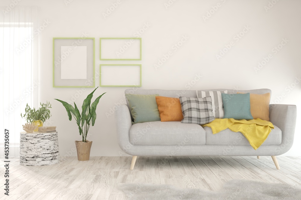 Obraz premium White living room with sofa. Scandinavian interior design. 3D illustration