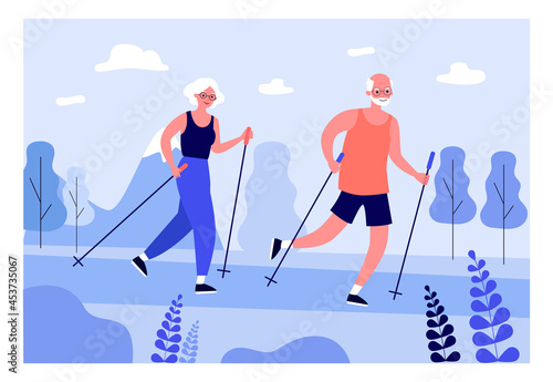 Elderly people practicing Nordic walking. Flat vector illustration. Elderly man and woman in tracksuits with sticks leading healthy lifestyle. Sports, activity, retirement, health, hiking concept