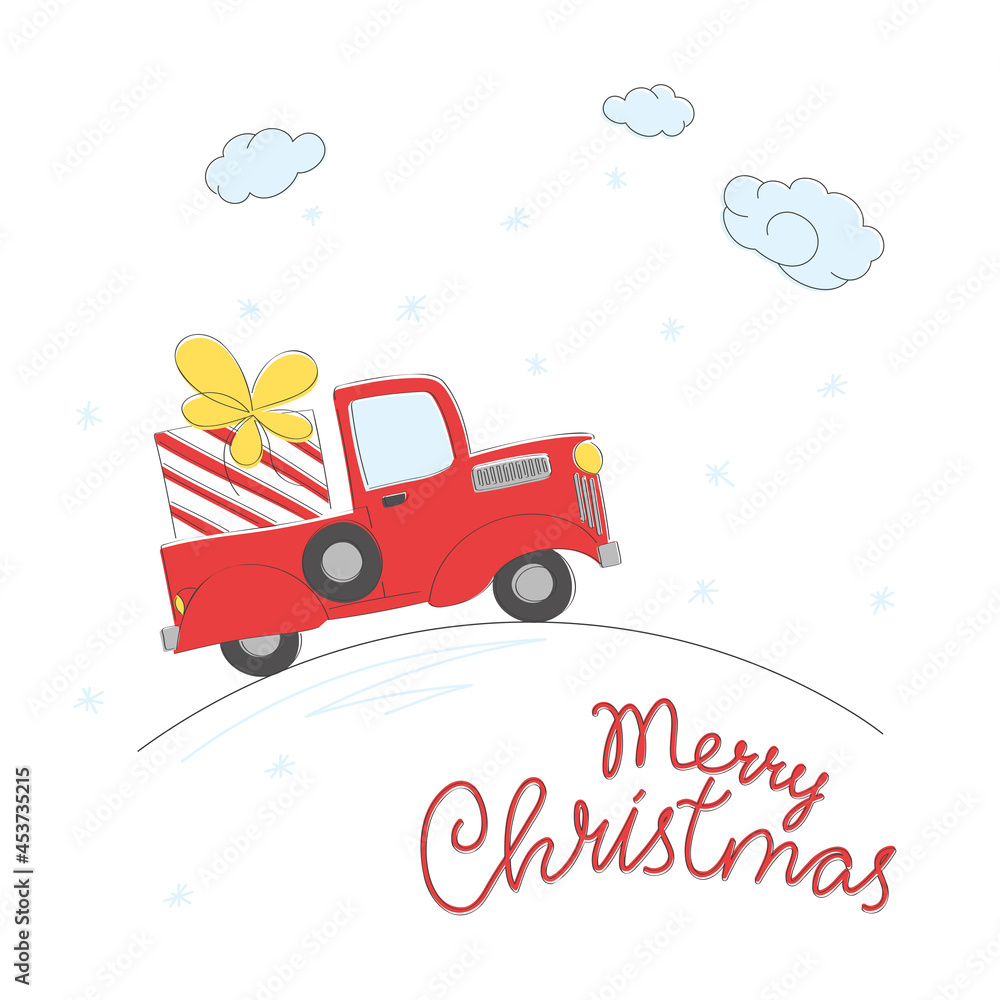 Little red car with christmas gift. Doodle greeting card.