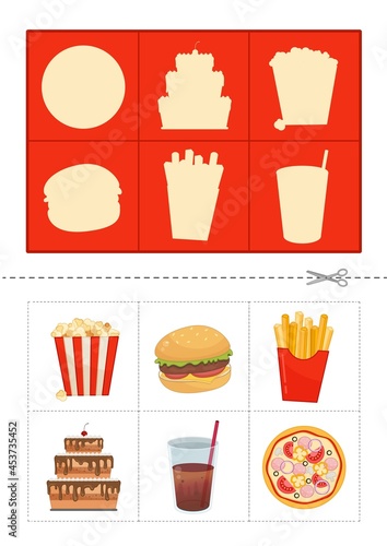 Educational  game for children. Find the right shadow. Cute cartoon fast food.