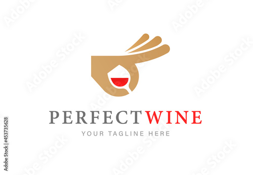 Elegant logo with glass of red wine and hand gesturing OK isolated on white background