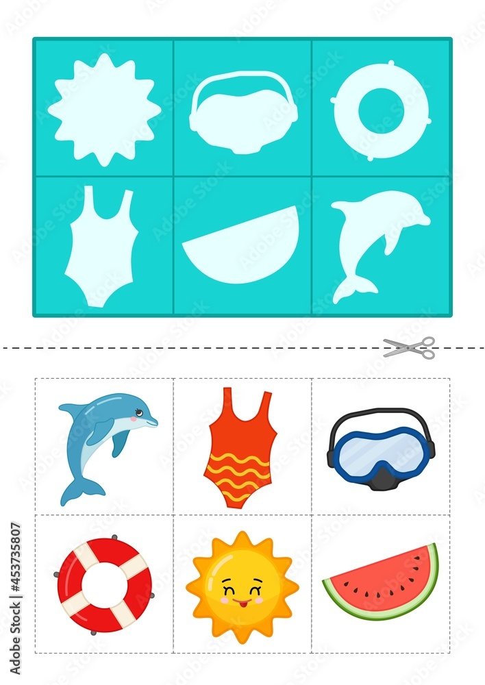 Educational  game for children. Find the right shadow. Cute cartoon summer icons.