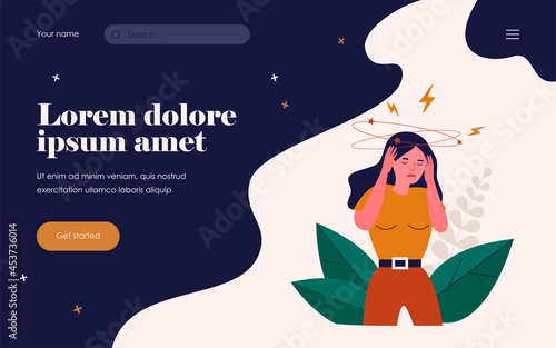 Woman feeling vertigo or dizzy. Sick or drunk confused lady suffering from head ache. Vector illustration for headache, stress, illness symptom concept