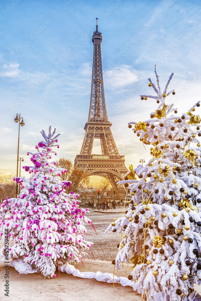 Eiffel Tower is the main attraction of Paris on the background of frosty Christmas trees covered by snow in winter. Travel Greeting Card from Paris with love, France Eiffel Tower is the main attraction of Paris on the background of frosty Christmas trees covered by snow in winter. Travel Greeting Card from Paris with love, France