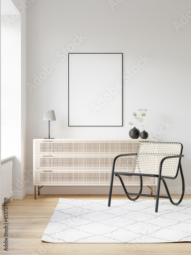 Interior Poster Frame Mockup with Modern Furniture Decoration - 3d Illustration  3d Render 