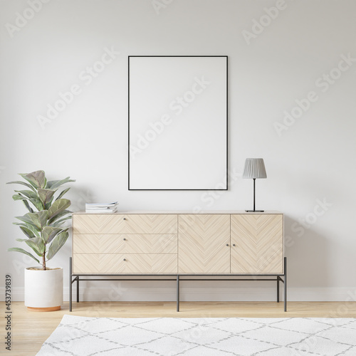 Interior Poster Frame Mockup with Modern Furniture Decoration - 3d Illustration  3d Render 