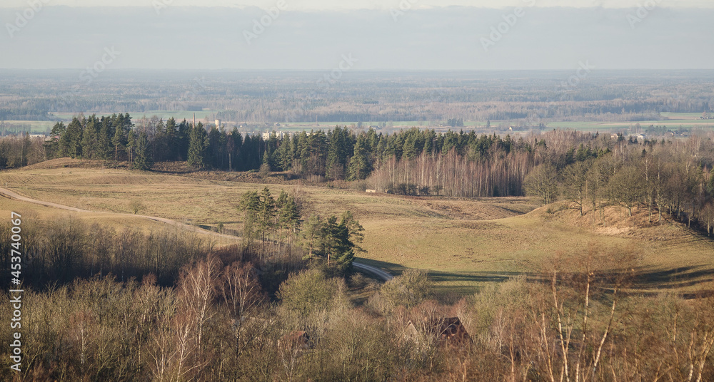 Aerial view of Kamparkalns watching tower in sunny winter day, Talsi, Latvia.