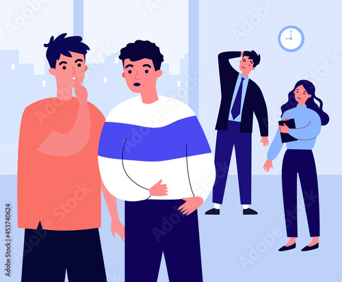 Office workers gossiping about colleagues dating. Male character telling secret to friend flat vector illustration. Communication, gossip concept for banner, website design or landing web page