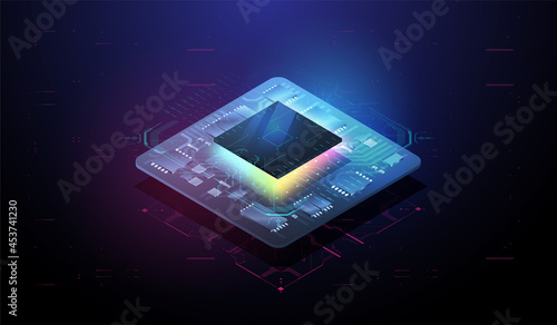 Digital chip with HUD elements. Futuristic microchip processor. Modern CPU illustration . Central Computer Processors. Tech Futuristic Template. Quantum computer database concept. photo
