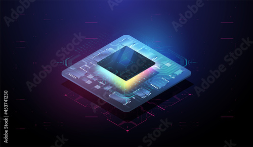 Digital chip with HUD elements. Futuristic microchip processor. Modern CPU illustration . Central Computer Processors. Tech Futuristic Template. Quantum computer database concept.