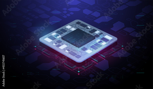 Futuristic microchip processor. Modern CPU illustration . Quantum computer database concept. Tech Futuristic Template. Central Computer Processors. Digital chip with HUD elements.