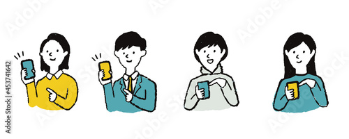 クレヨンで描いたタッチのスマートフォンを持つ男女