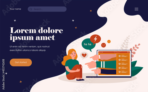 Victim of cyber bullying. Sad girl crying and reading abuse comments on social media chat. Flat vector illustration for hate, violence on internet, stress, aggression concept