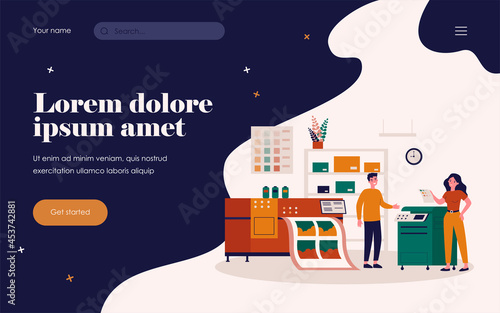 Print production concept. Typography workers using big commercial printer for printing colorful posters. Vector illustration for ad agency, printing industry, typography topics