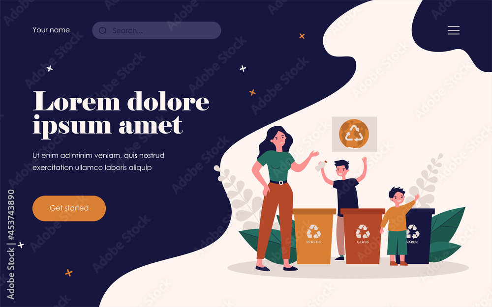 Woman and kids sorting garbage together. Plastic, glass, paper flat vector illustration. Environment and ecology protection concept for banner, website design or landing web page Woman and kids sorting garbage together. Plastic, glass, paper flat vector illustration. Environment and ecology protection concept for banner, website design or landing web page