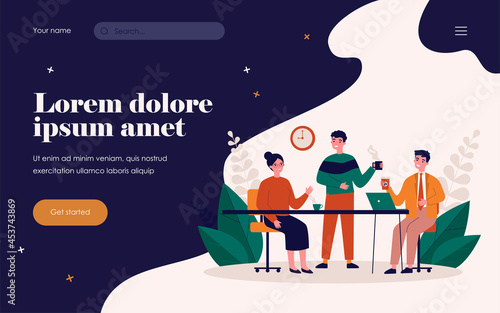 Employees drinking coffee together. Office workers enjoying morning coffee break flat vector illustration. Communication, colleagues meeting concept for banner, website design or landing web page