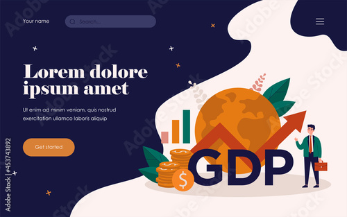Happy businessman presenting gdp growth. Man in suit with growth chart, cash and globe. Vector illustration for gross domestic product rate, global economy, national budget, inflation concepts