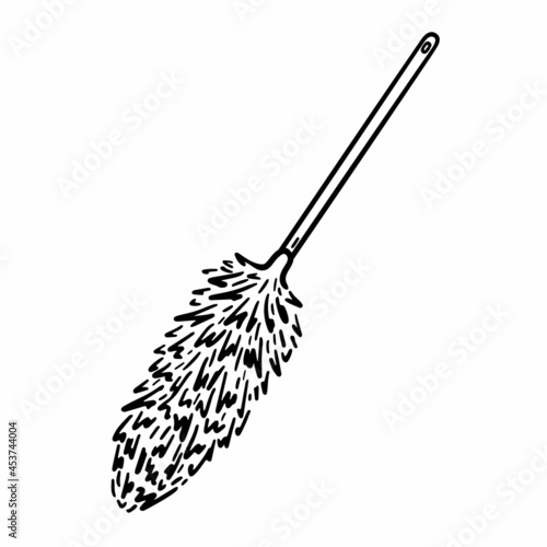 Duster with long handle for cleaning isolated on white background. Vector hand-drawn illustration in doodle style. Suitable for your projects, decorations, logo, various designs.