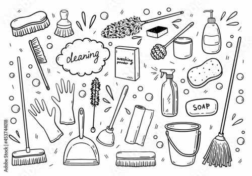 Set of various items for cleaning - mops, brooms, brushes, detergents and others. Work equipment for sweeping, washing, hygiene, keeping the house clean. Vector hand-drawn illustration in doodle style