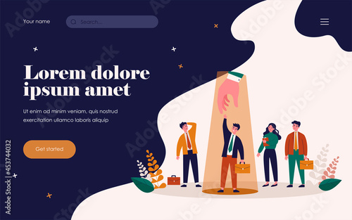 Professional selection concept. Employer choosing candidate and giving hand to employee under spotlight. Vector illustration for hiring, human resource, talent search, competition topics