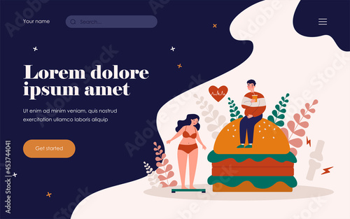 Fast food lovers suffering from overweight problem and high cholesterol. Fat woman standing on scales near hamburger, drinking soda. For fitness, junk eating, heart disease and lifestyle concept.