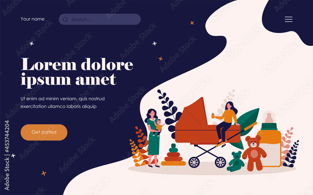 Happy mother, babysitter and baby near carriage isolated flat vector illustration. Cartoon women caring about newborn. Abstract nanny occupation. Family and nursery concept