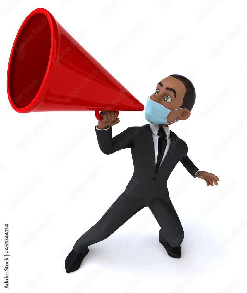 Fun 3D illustration of a black business man with a mask Fun 3D illustration of a black business man with a mask