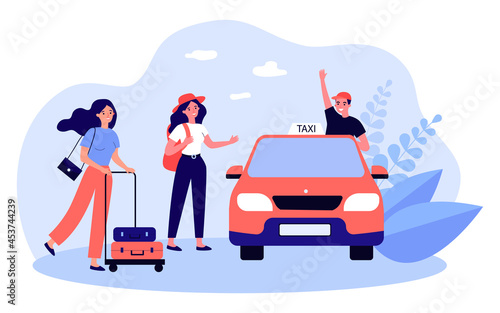 Cartoon taxi driver greeting female passengers. Women with luggage getting into cab flat vector illustration. Taxi service, traveling, transportation concept for banner, website design or landing page