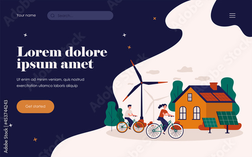 People riding bikes by windmills and solar power station. Flat vector illustration for eco friendly technology, transport, renewable energy, sustainable development concept