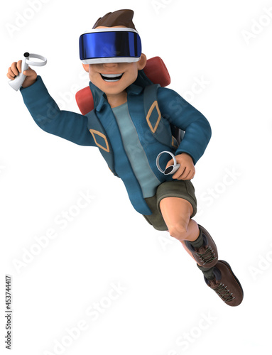 Fun 3D Illustration of a backpacker with a VR Helmet