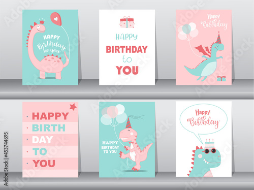 Fototapeta Naklejka Na Ścianę i Meble -  Set of cute  birthday cards,poster,template,greeting cards,animals,dinosaurs,Vector illustrations.