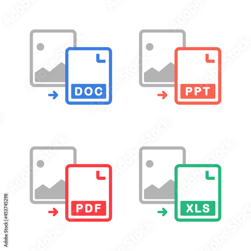 Picture to document icon. Convert image into document file doc, ppt, pdf or xls. Illustration vector